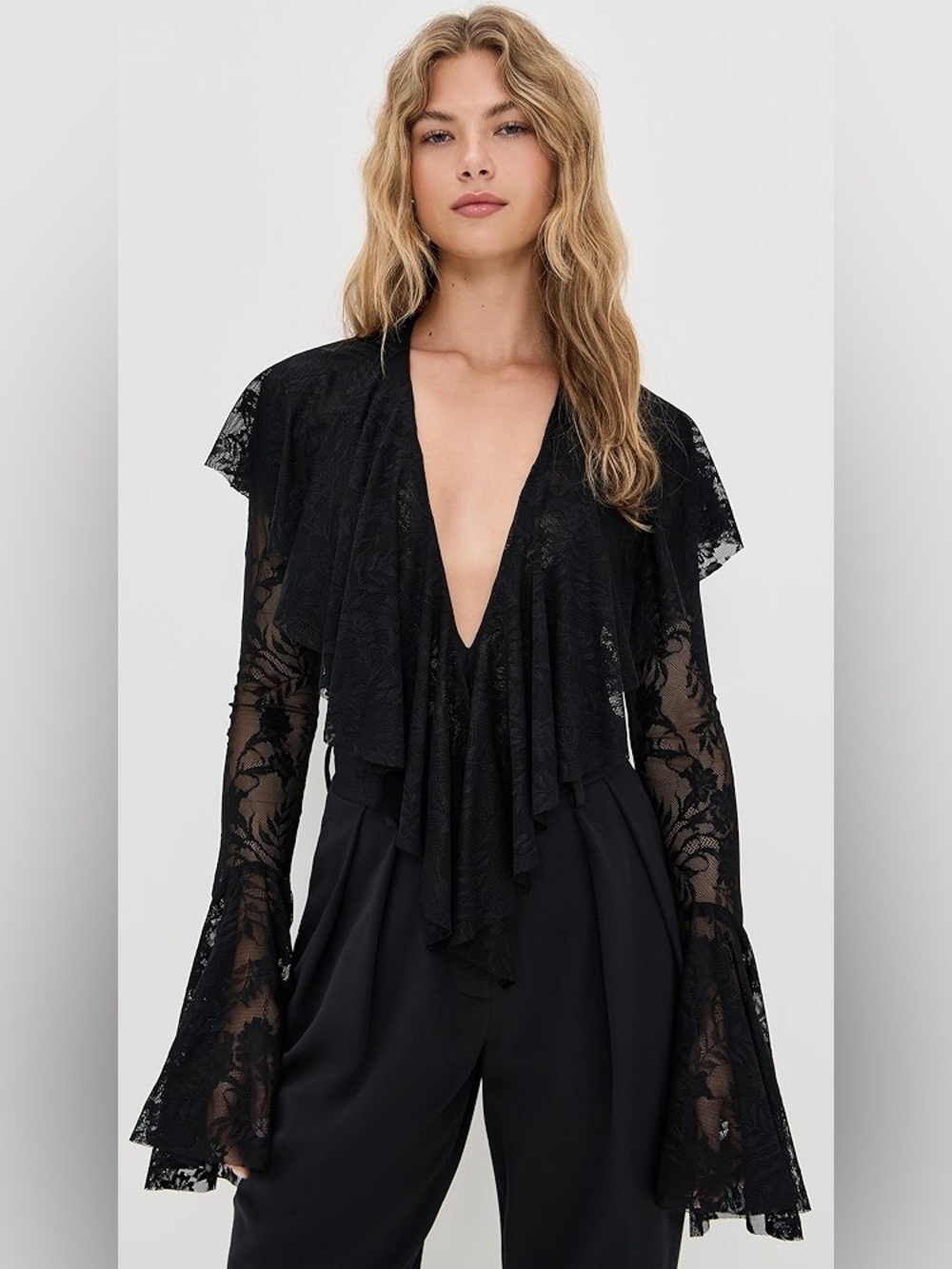 Normal Kamali Lacey Long Sleeve Deep V Ruffle Bodysuit
